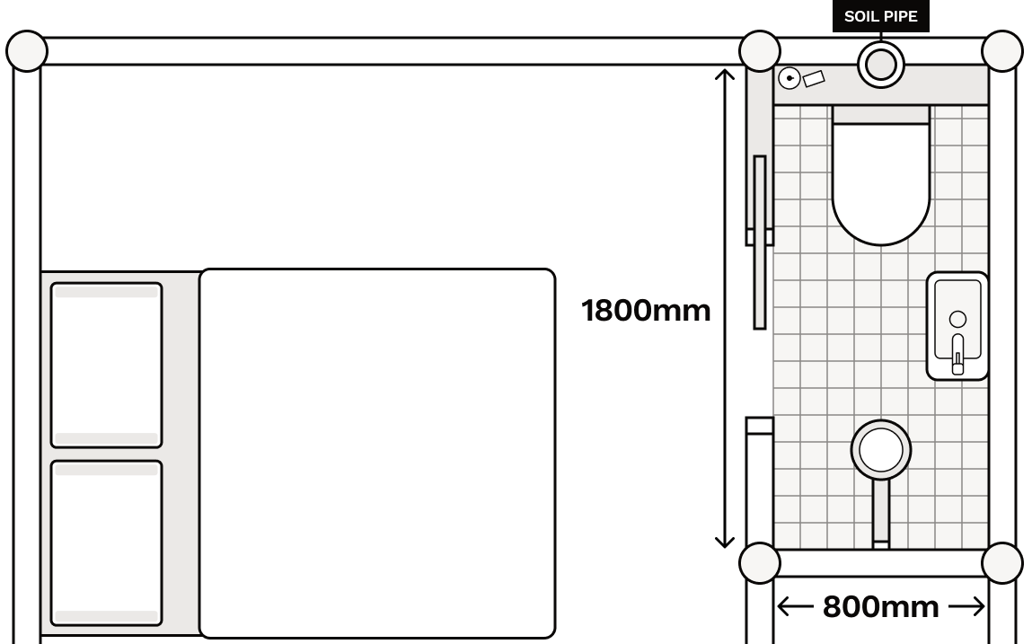 Example floor plan of a bedroom with a small ensuite in the corner