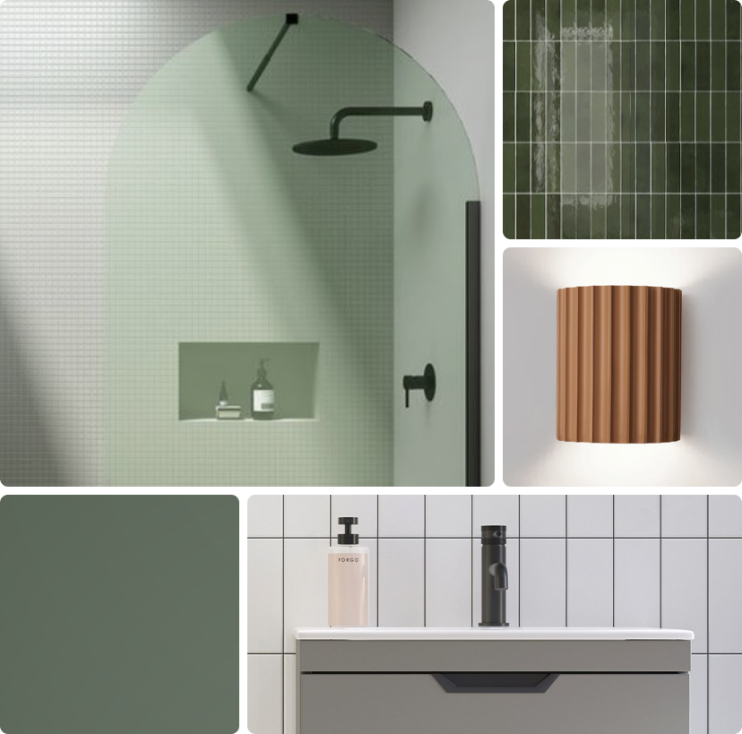 Example of a green, modern bathroom mood board made using Reno