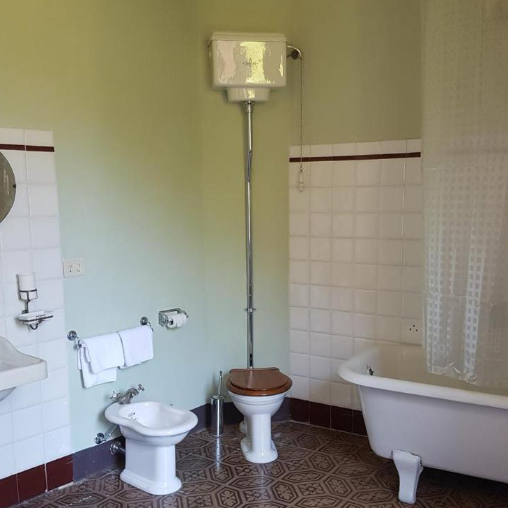 Traditional separate cisterned toilet in the corner of a bathroom