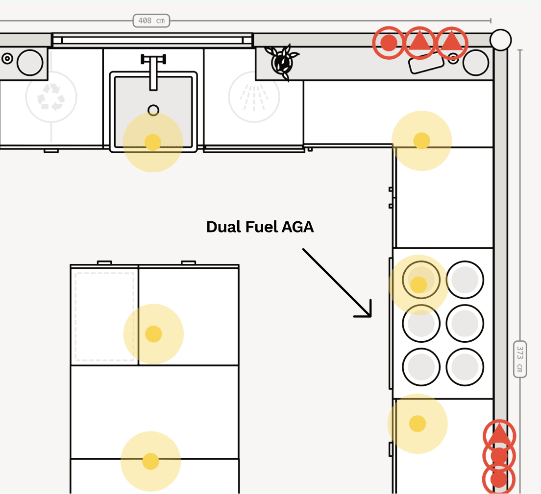 Add electrical plans for your kitchen renovation. Symbols for lights, switches, sockets and extractor fans.