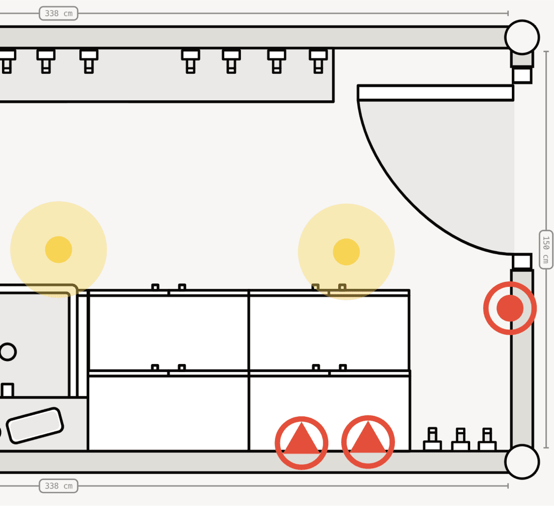 Add electrical plans for your utility room renovation. Symbols for lights, switches, sockets and extractor fans.