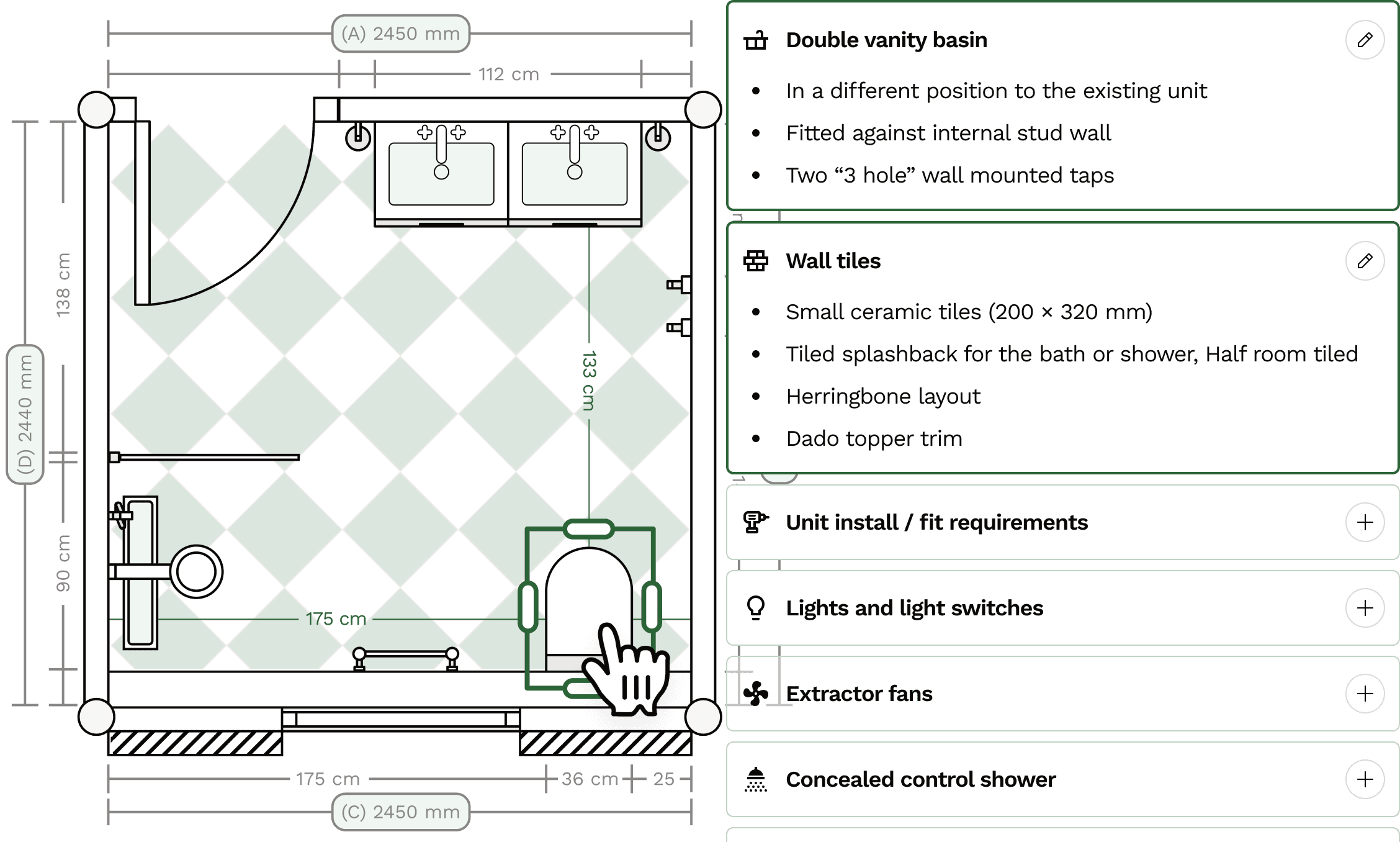 Example bathroom brief, floor plan and decisions to be made for a bathroom renovation project