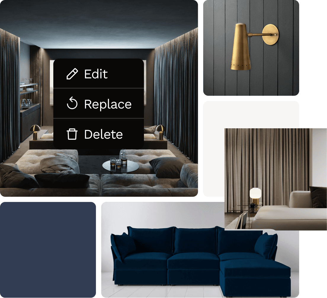 Create a moodboard to communicate the vision of the design style you want for your home cinema