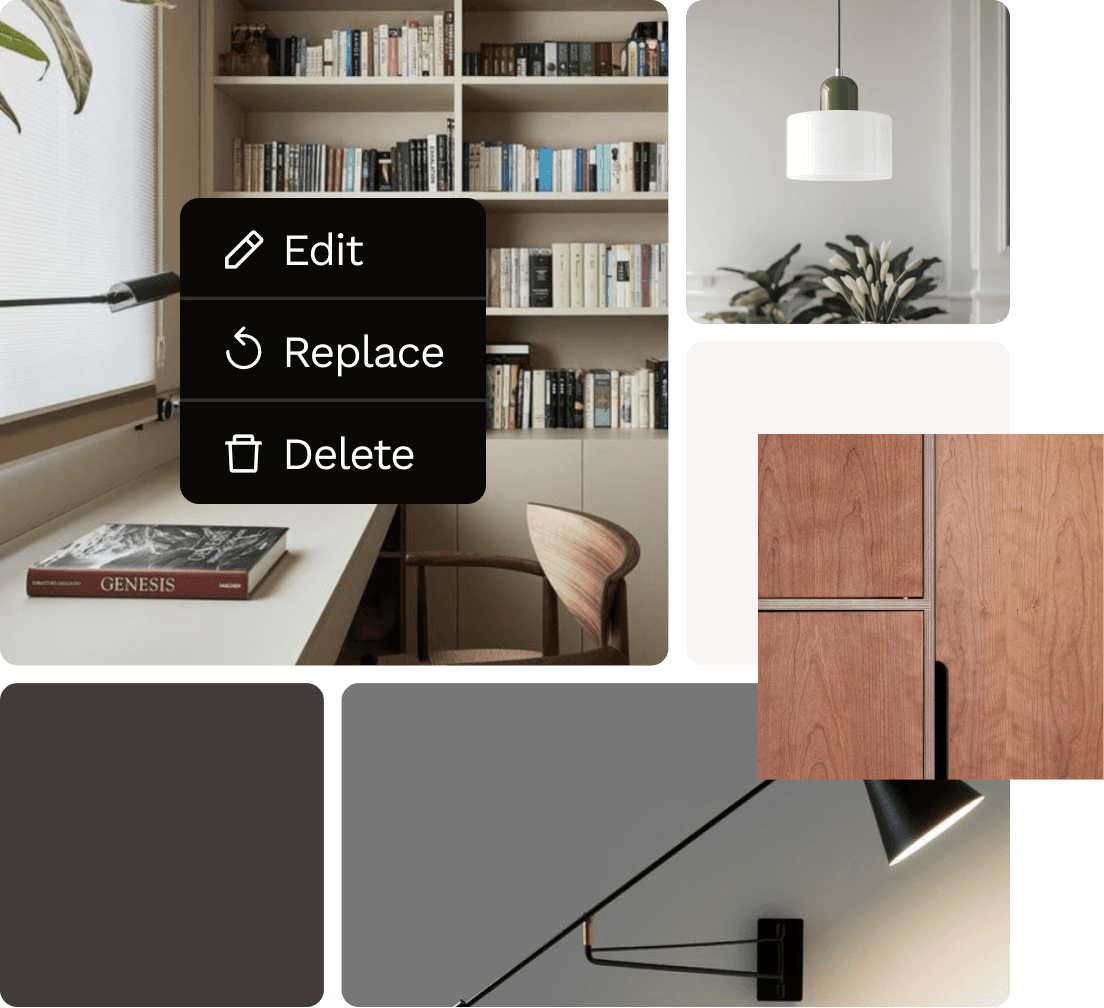 Moodboards for your study or home office's theme, colour palette, furniture, and finishes