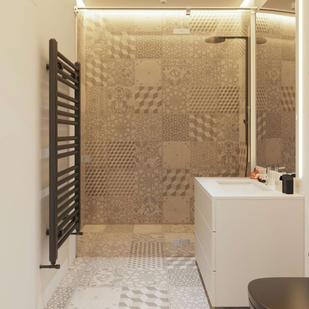 Tiled shower room with the same tiles on the floor and wall